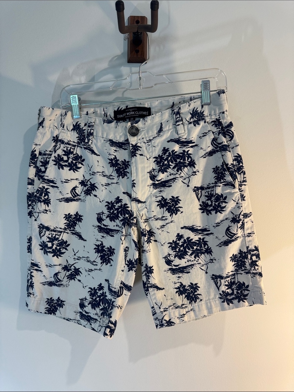 Sunray Work Clothes Navy Tropical Print Shorts on White